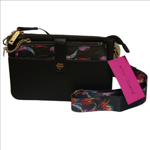 🆕 BETSEY JOHNSON "BIRDS OF PARADISE" BLACK  CROSSBODY BAG WITH PULLOUT POUCH